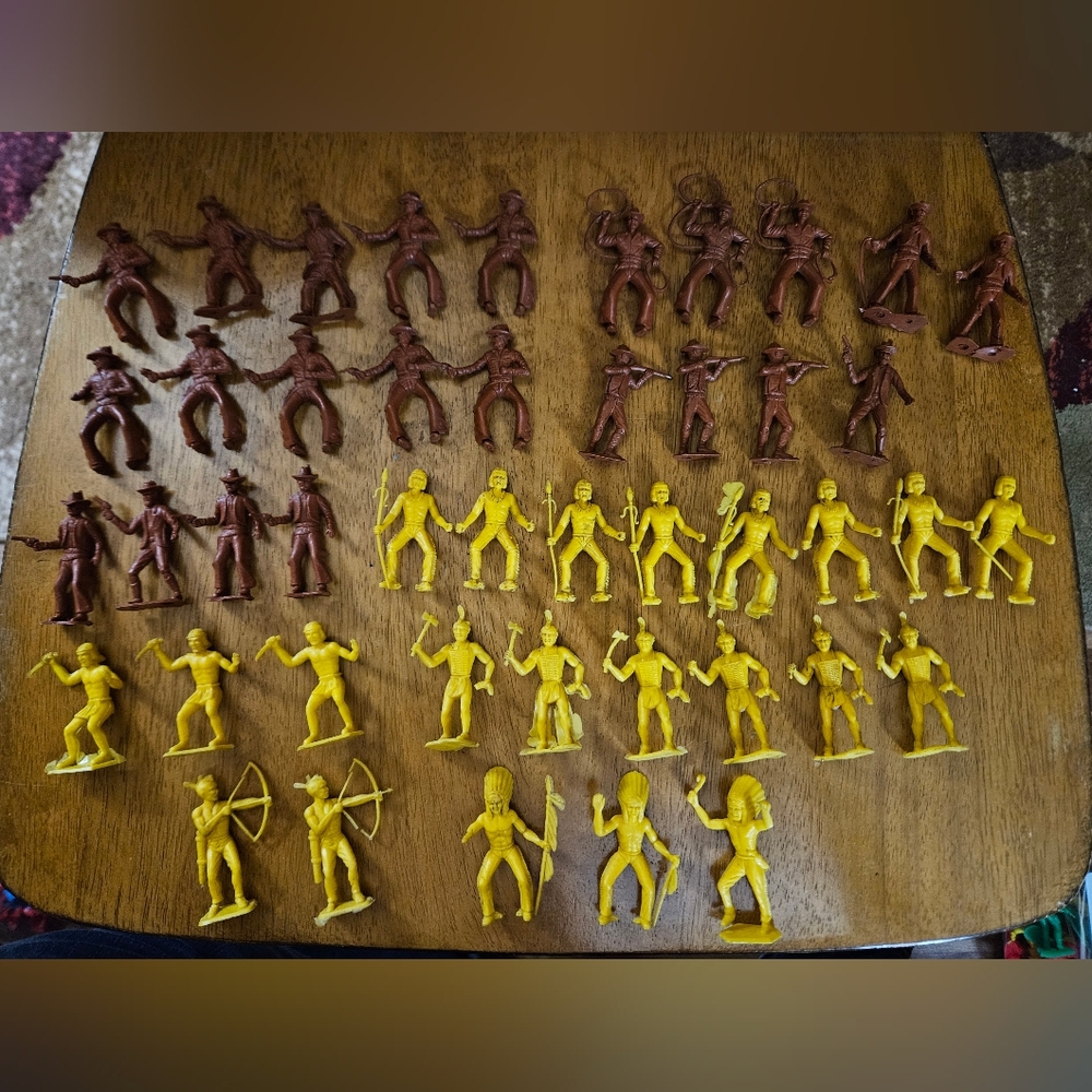 Vintage Tim Mee Cowboys & Native American Figurines in Brown & Yellow Lot of 45